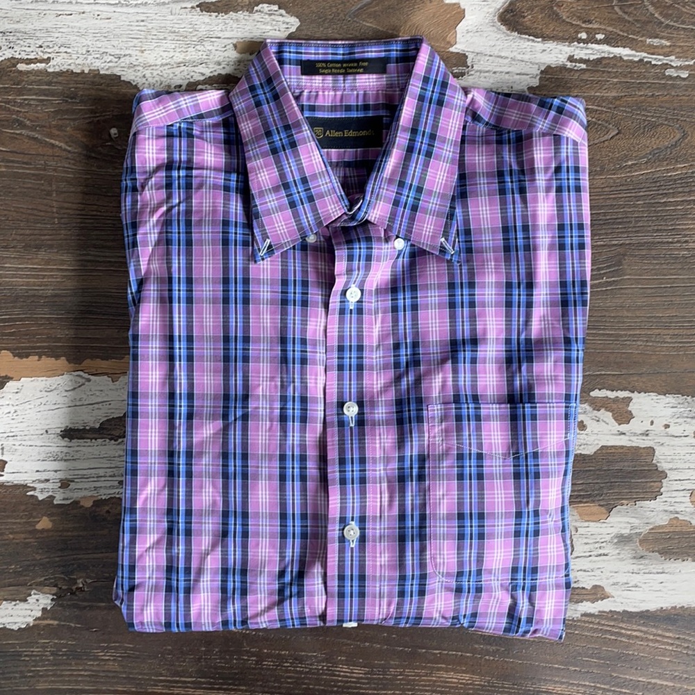 Allen Edmonds Men’s Large Purple Plaid Long Sleeve Button Down Shirt
